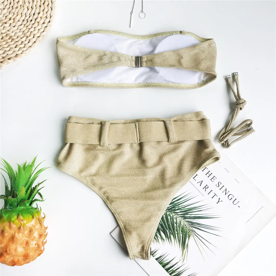 Bandeau Shiny High Waist Bikini Belt Female Swimsuit Women Swimwear Two-pieces Bikini set Strapless Bather Bathing Suit V2408