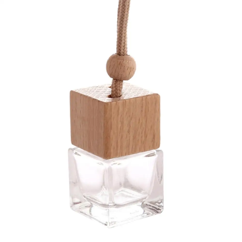Cubic Wooden Cap Beads Perfume Essential Oil Empty Glass Bottle Hanging Decor Air Freshener Ornament Car Interior Accessories