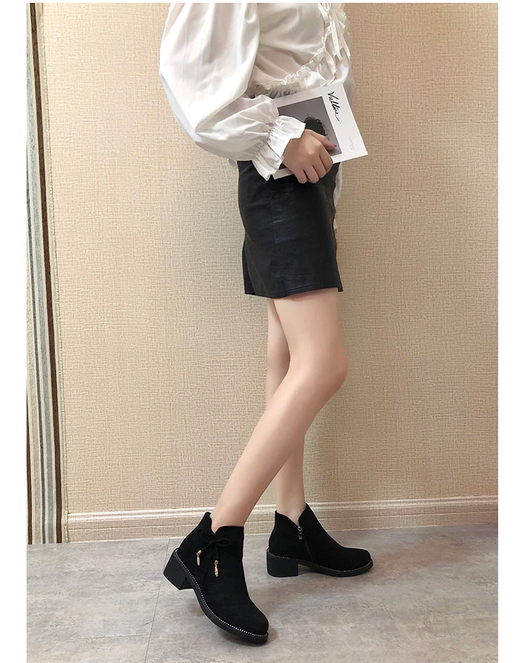 Lady Boots Women's Shoes Autumn Chunky Heel Round Toe Bootee Woman Low Heels booties Lace Up Ladies Rubber Mid Calf Rock