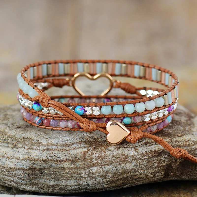 Heart Shape Wrap Bracelet W/ Stones Natural Tourmaline Crystal Weaving Statement Vegan Bracelet Bestfriend Sister Gifts