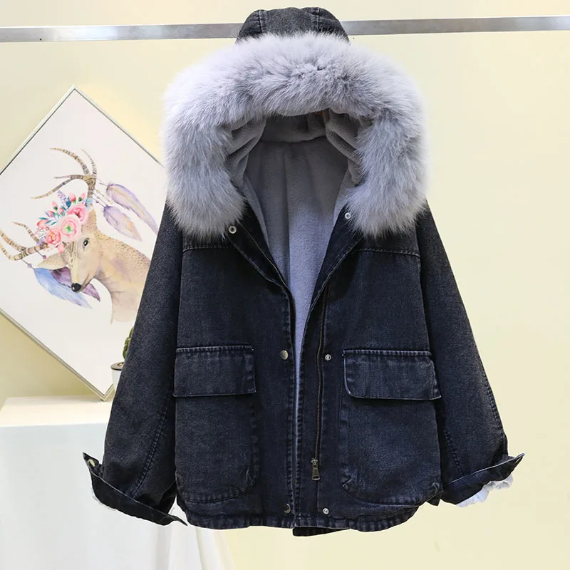 Vefadisa Fur Collar Denim Parka Woman Winter Solid Blue Black Thick Denim Parka Pockets Zippers Loose Parka QYF969