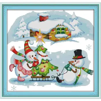 

Christmas snowman Cross stitch Needlework set DMC Canvas print 14CT Cross stitch kit DIY Christmas Gift Home Wedding decoration