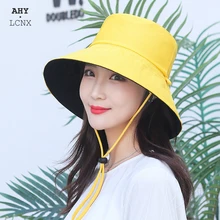 Reversible Spring Summer Pure Color Women's Bucket Hat Wide Brim Outdoor Beach Sun Cap Women Fisherman Hats Lace-up