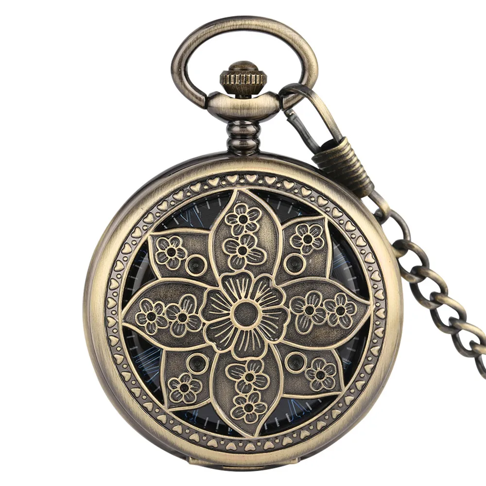 Bronze Lotus Flower Manual Mechanical Pocket Watch Blue Roman Numerals Display Hand Winding Pendant Clock Retro Gifts