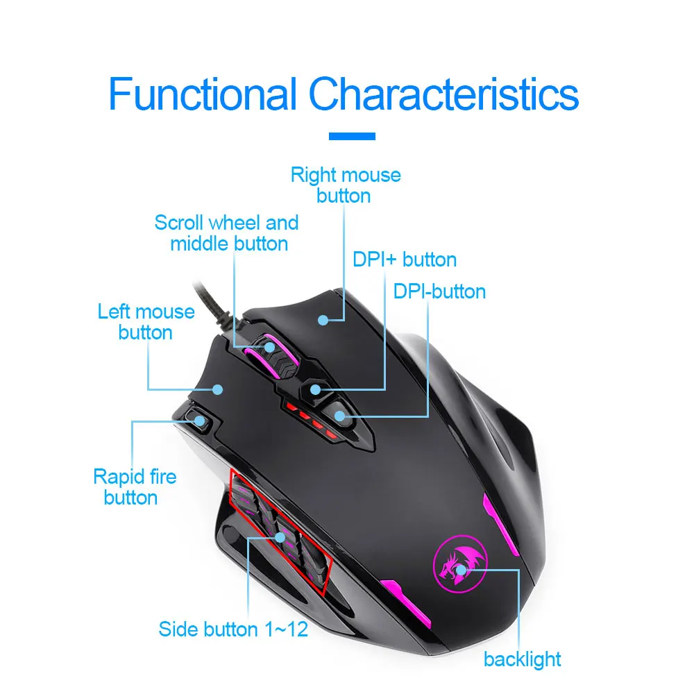  Redragon M908 Impact RGB LED MMO Gaming Mouse with 12 Side  Buttons, Optical Wired Ergonomic Gamer Mouse with Max 12,400DPI, High  Precision, 20 Programmable Macro Shortcuts, Comfort Grip : Video Games