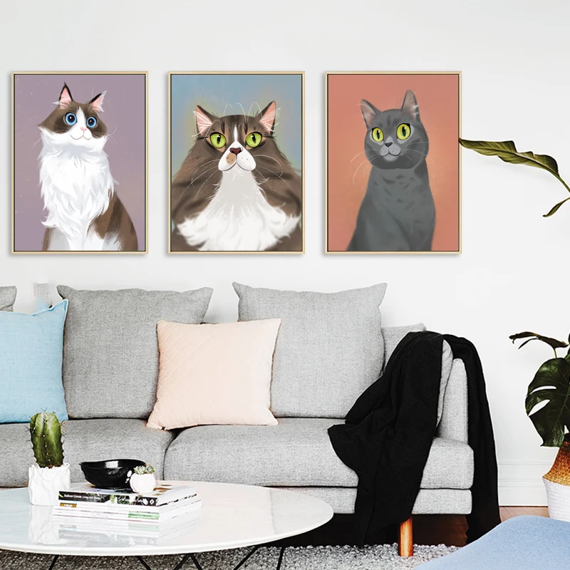 Милый домашних животных кошки и собаки печать плакатов Wall Art холст для живописи