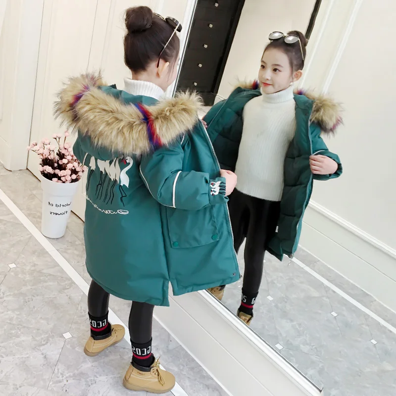 

Girl Winter Jacket 2019 New Thick Down Coats Warm Parkas Kids Cartoon Crane Embroidery Coat Children Jackets Outerwear 5-16years