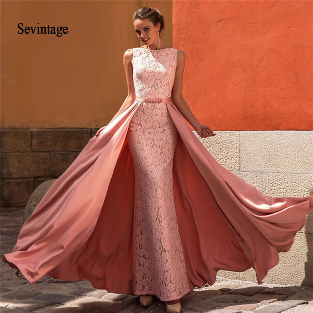 

Sevintage Boat Neck Two Pieces Prom Dresses Detachable Train Lace Satin Long Formal Party Evening Gowns abendkleider