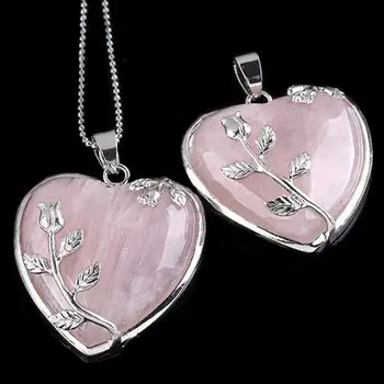 

Women's Rose Quartz Alloy Flower Necklace Pendant Heart Inlaid Charm Jewelry Simple Design, Love Heart Shape, Rose Flower Decor,