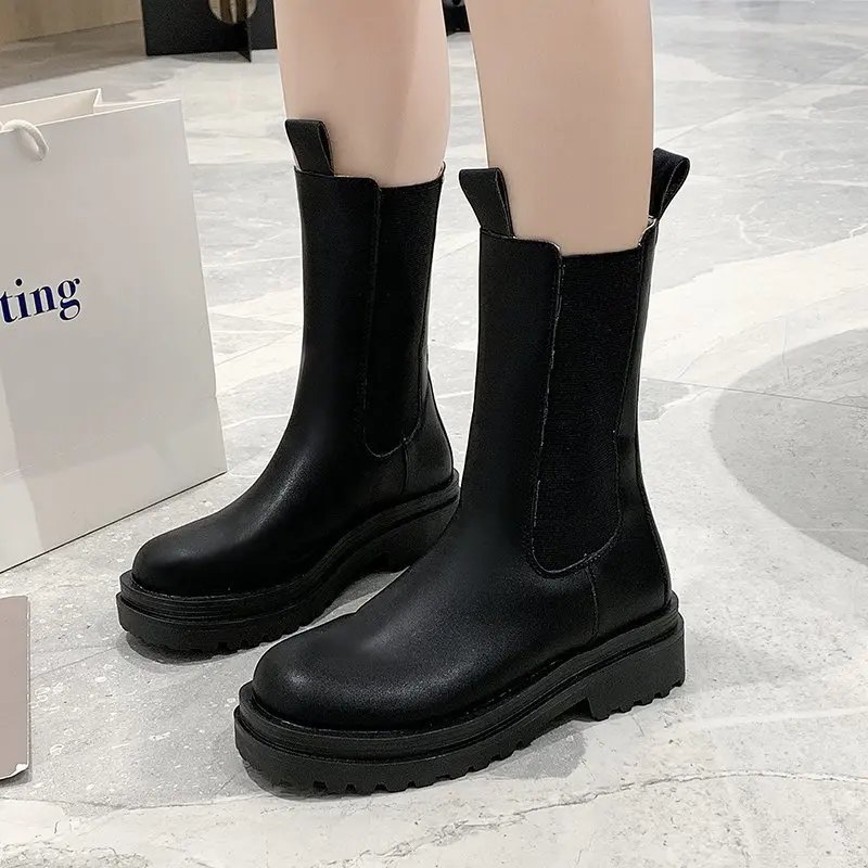 New Fashion Women's Boots Slip on Ankle Mid Calf Boot PU Leather Comfor Sexy Outdoor Ladies Shoes Non Slip Soft Footwear Woman