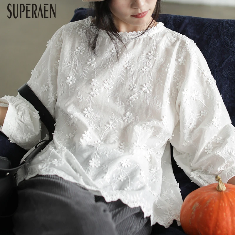 SuperAen вышитые хлопковые модные рубашки для женщин осенние новые женские блузки и топы Женская одежда с рукавом девять