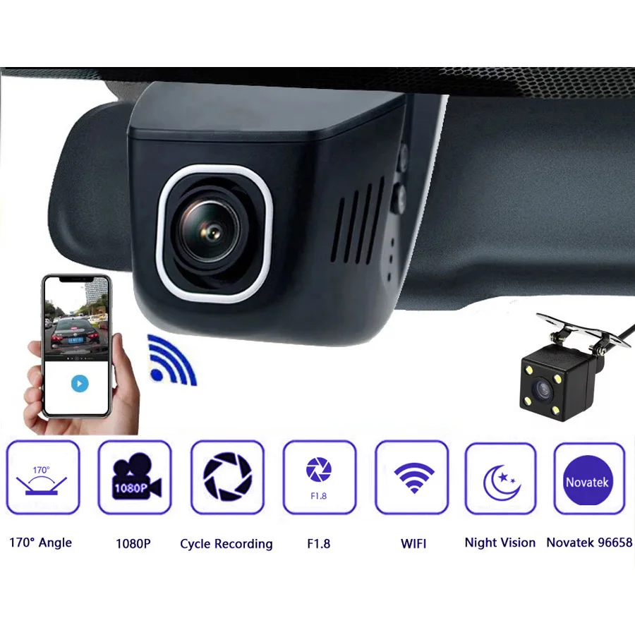 WHEXUNE, скрытый Автомобильный видеорегистратор, Wifi, видеорегистратор Novatek 96658 IMX323, двойной объектив, мини-видеорегистратор, 170, широкоугольный, ночное видение