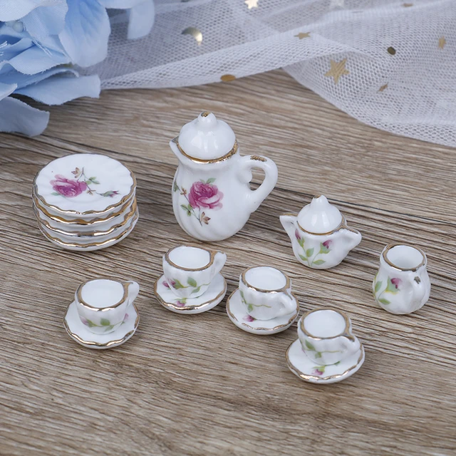 15PCS 1/12 Miniature doll house pink Flower Patten Porcelain Coffee Tea Cups Ceramic Tableware Dollhouse Kitchen Accessories 2