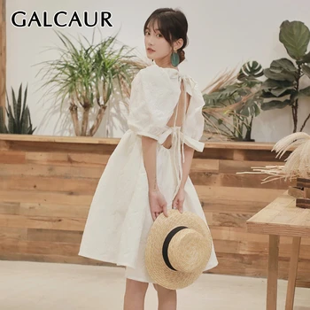 

GALCAUR Korean Lace Up Bowknot Dress Women Square Collar Puff Sleeve High Waist Backless Large Size Dresses Female 2020 Fashion