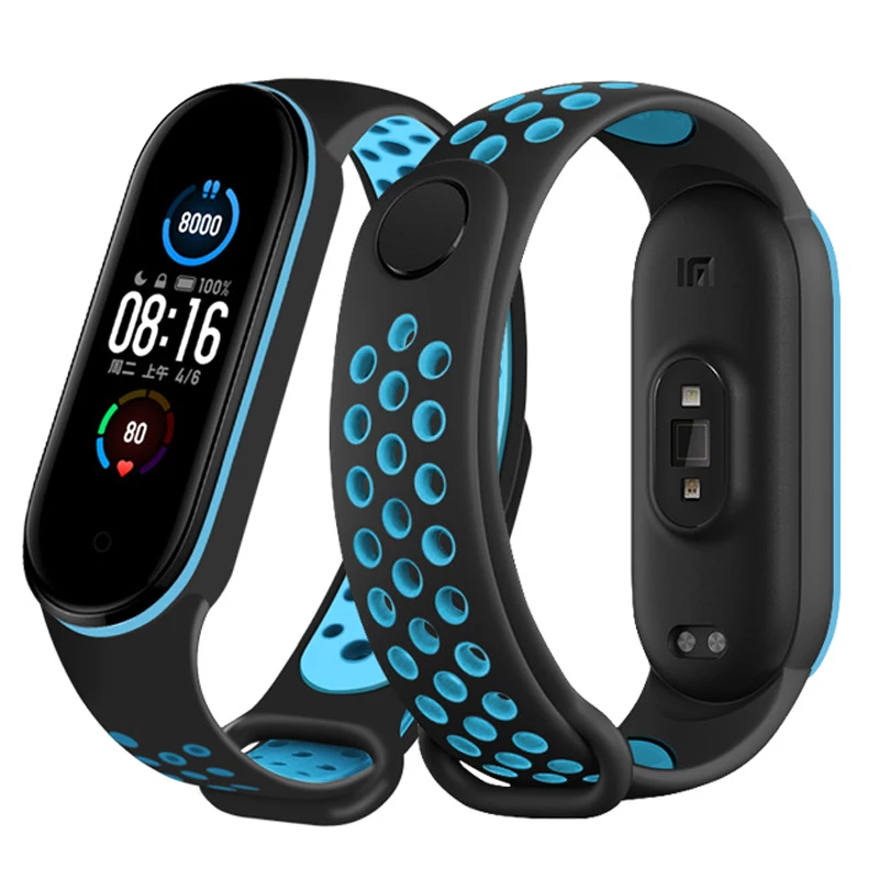 Silikonski pašček za Xiaomi Mi Band 3 4 5 6 Dvobarvni pašček Porozni športni pas proti znojenju, zračni nadomestni zapestni pas