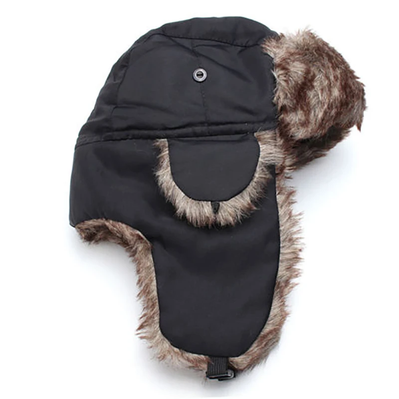 Black Ski Cap Snow Cap Earmuffs Apparel Winter Men Women Riding Cap Trapper Russian Sun Visors Outdoor Hat - Color: Black