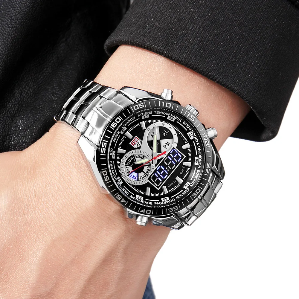 

LED Sports Dual Display Alarm Clock Multi-functional Watch MEN'S Quartz Watch Waterproof Night Light Steel Watch