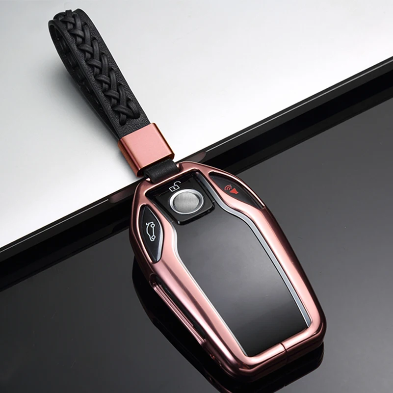 Металлический ЖК-дисплей Автомобильный Брелок дистанционного управления с ключом чехол оболочка с брелком для BMW 7 серии - Название цвета: B Rose Gold
