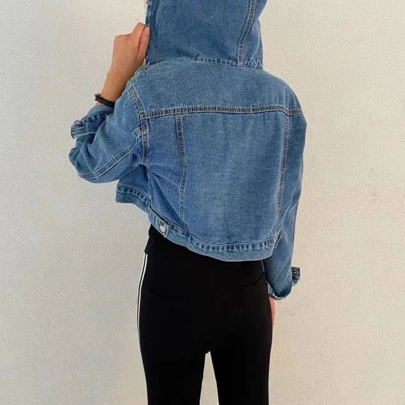 Stylish Blue Hooded Jeans Jacket Women Single-Breasted Short Jeans Coat High Street Harajuku Denim Coat Blue Tops