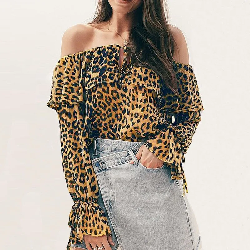 

2020 Fashion Women Leopard Print Wrapped Chest Blouse Casual Strapless Flared Long Sleeve Tops Loose Elegant Solid Color Top