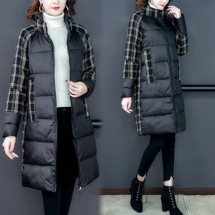 

Winter Thick down Jacket Women's 2019 New Style Korean-style over-the-Knee Stand Collar Plaid Warm Cotton-padded Clothes Casual