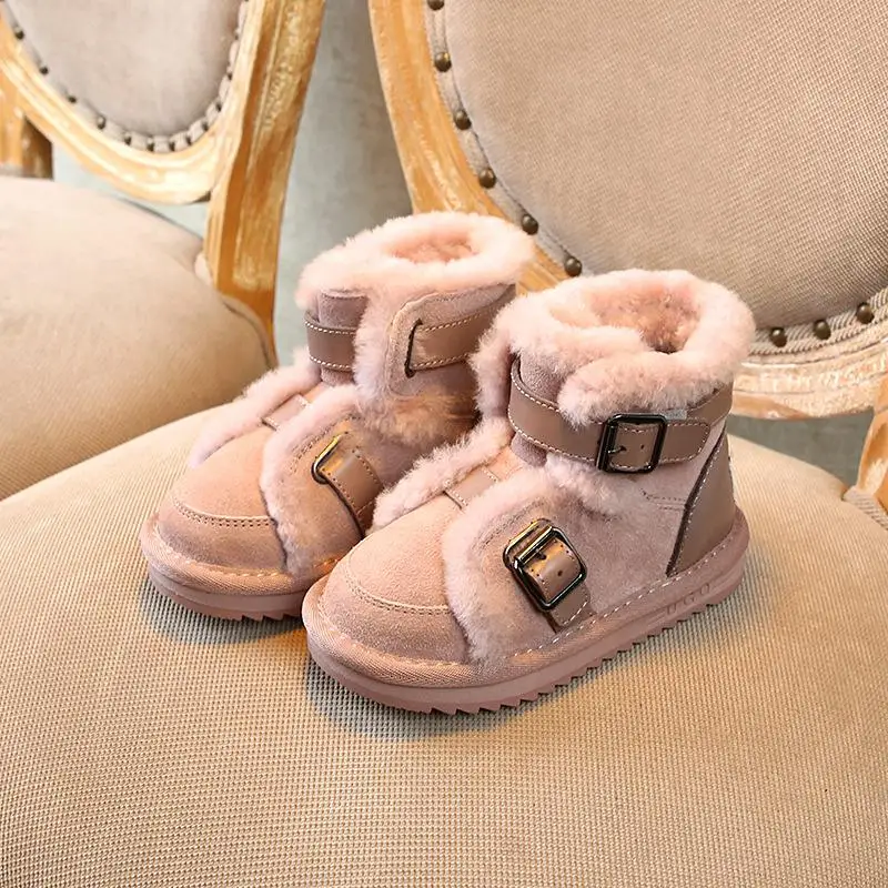 Toddler Girls Boots New Winter Woollen Warm Child Snow Boots Fashion Genuine Leather Boys Martin Boots Antislip Kids Shoes - Цвет: Pink
