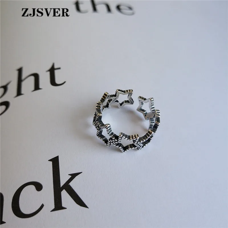 

ZJSVER Korean Jewelry 925 Sterling Silver Rings Retro Bohemia Style Silver Hollow Star Chain Opening Adjustable Women Ring Gift