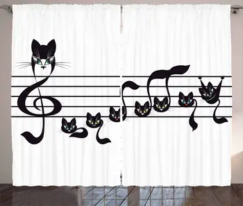 

Music Curtains Notes Kittens Kitty Cat Artwork Notation Tune Children Halloween Monochrome Living Room Bedroom Window Curtain