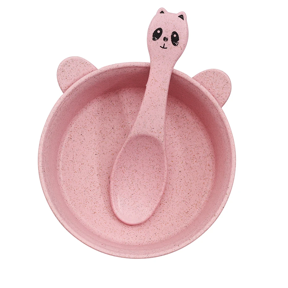 2 шт./компл. пшеничной соломы для детских бутылочек, Еда посуда с мультипликационным принтом «панда», детская посуда для еды набор посуды Детские Обучающие чаши ложка - Цвет: Pink