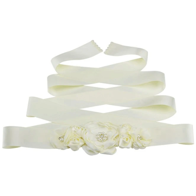 Women Girls Peach Emerald green Waist Belts Long Ribbon Flower Belt Girls Wedding Bridal Waistband For Party Dress Accessories