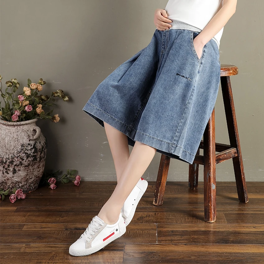 Корейская мода для беременных стрейч джинсы джокер брюшные брюки укороченные свободные BF широкие брюки - Цвет: 3105-A-49-512