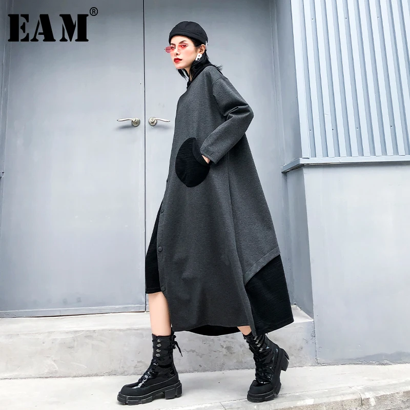[EAM] женское асимметричное платье контрастного цвета с разрезом большого размера, новинка, с капюшоном, с длинным рукавом, свободное, модное, весна-осень 19A-a10