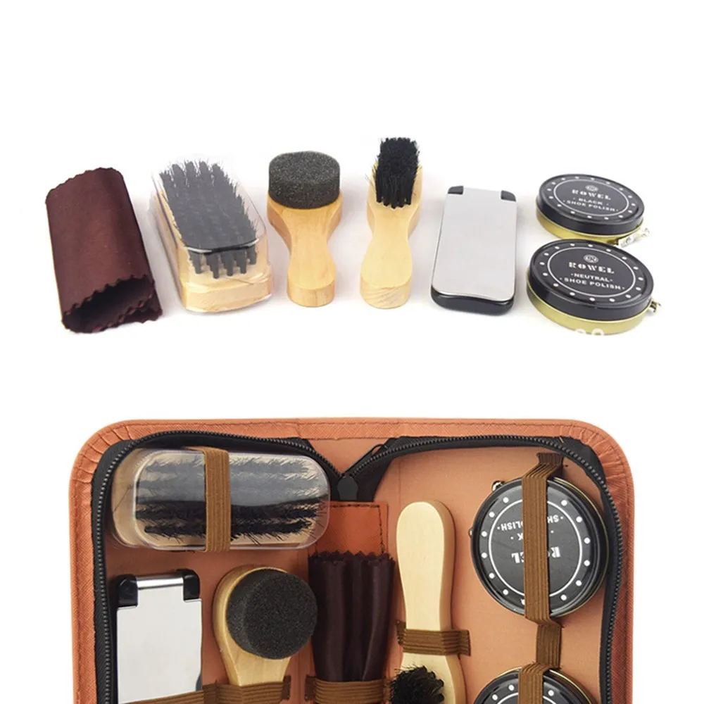 Shoe Care Tools Kit Polish Cleaning Brushes Sponge Cloth Travel Set With Case Portable Case Set Neutral Polishing Tool To Gifts