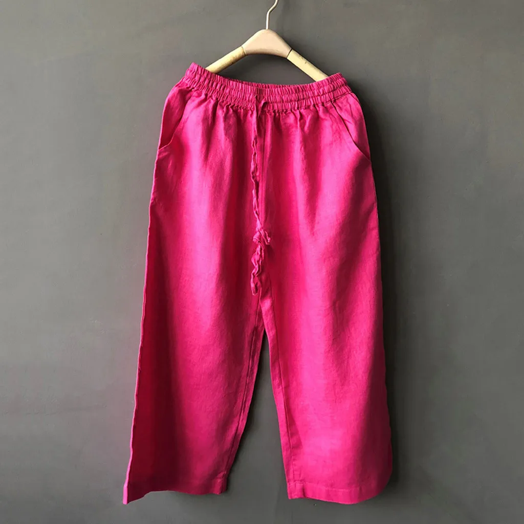 Широкие брюки шаровары женские Boho Брюки повседневные осенние свободные хлопковые льняные комбинезоны брюки плюс размер неоновые однотонные