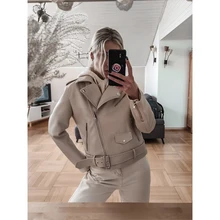Women's Leather Jacket Solid Long Sleeve Spring Autumn Ladies Biker Jackets with Belt Short Streetwear Outerwear for Female