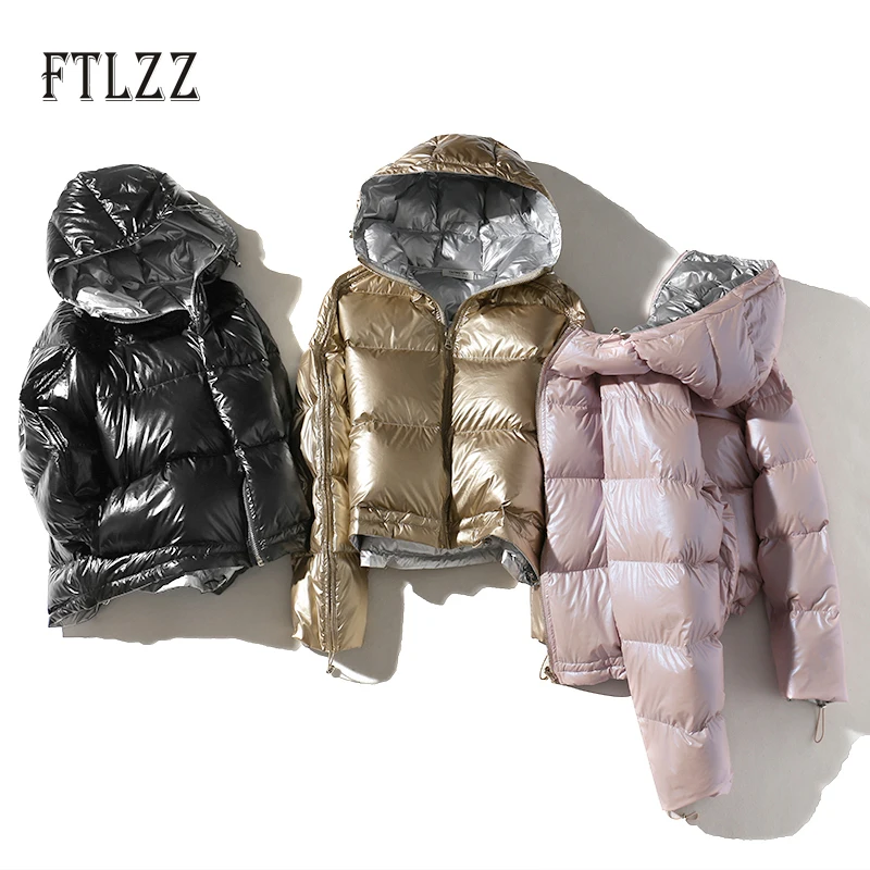 

2019 Winter Bright Parkas Female Outerwear New Fashion Women Hooded Two-sided Wear Thick Short White Duck Down Jacket And Coats