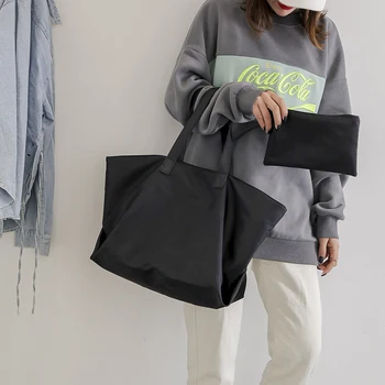 

Black shopping bag foldable tote Reusable Portable Shoulder Folding pouch handbags