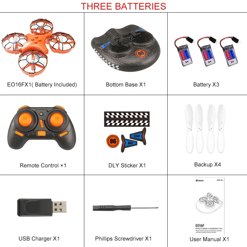 Three Batteries Eachine E016F 3-в-1 ЕНП Летающий воздушный лодка Land режим вождения Съемный один ключ возврата RC Квадрокоптер с дистанционным управлением Автоматической Посадки - Цвет: Three Batteries