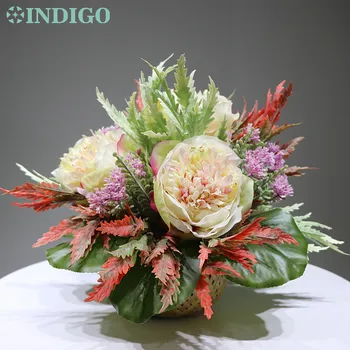 

INDIGO Designed- Peony Flower Arrangement With Basket Gift Bouquet Artificial Bonsai Christmas Table Centerpiece Hotel Florist