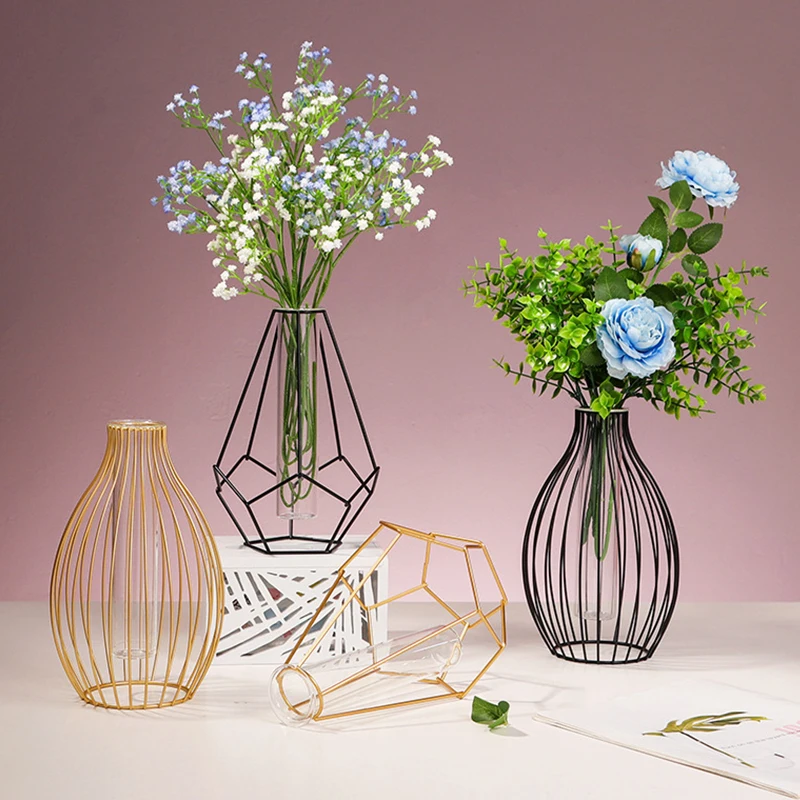 Nordic Simple Golden Vase Geometric Metal Plant Holder Hydroponic Plant Flower Vase Glass Test Tube Terrarium Table Home Decor