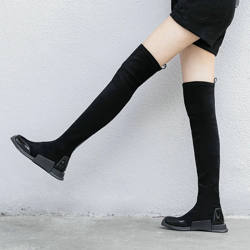 EshtonShero/обувь женские сапоги выше колена, на низком квадратном каблуке, без шнуровки, эластичные зимние черные женские мотоциклетные ботинки Размер 3-8