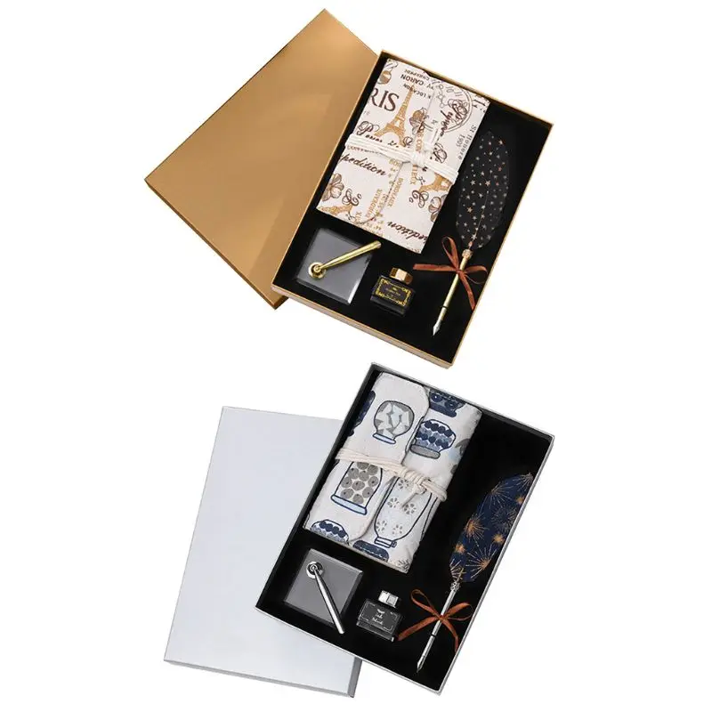 

OOTDTY Vintage Calligraphy Feather Dip Pen Fountain Writing Ink Notebook Stationery Set