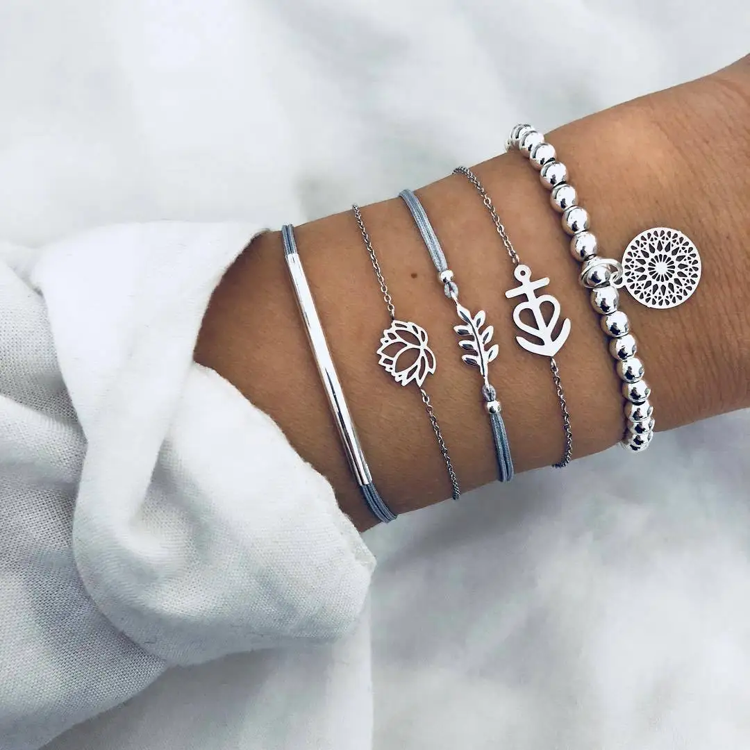 

Bohemian Heart flower leaf Bead chain Bracelet with alloy and cotton for Women silver chain link bracelets Jewelry wholesale