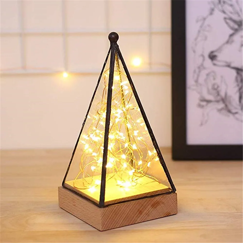 Ночник Пирамида огненная елка Серебряный цветок мини прикроватная лампа стеклянный абажур теплый белый светодиодный светильник накаливания для Рождества USB подарок