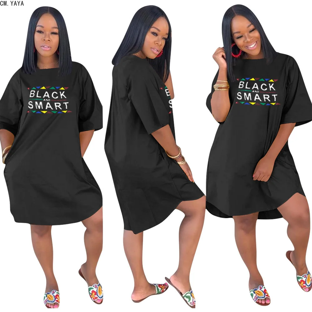 

CM.YAYA Women summer letter print half sleeve o-neck irregular dress casual t-shirt knee length dress vestidos supersizeCMH1202