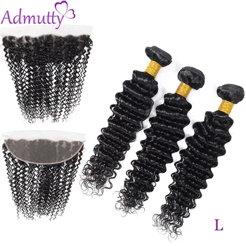 

Deep Wave Human Hair Bundles With 13*4 Lace Frontal Indian Hair Weave Bundles With Closure Non-Remy Hair Extensions