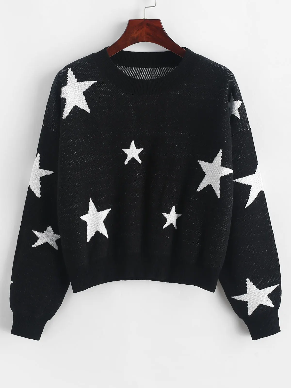 Укороченный свитер с круглым вырезом и графикой звезд, короткий Свободный пуловер с заниженным плечом, эластичные женские свитера из вискозы, теплые осенние