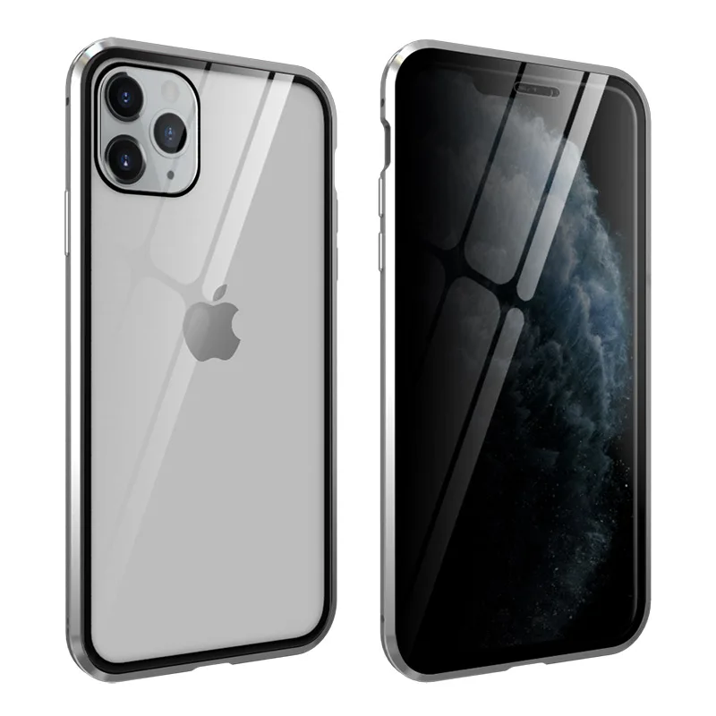 Магнитный металлический чехол для iPhone 11 Pro Max 360 градусов покрытие анти-шпионская конфиденциальность передняя+ Задняя стеклянная крышка для iPhone 11Pro Coque - Цвет: Silver
