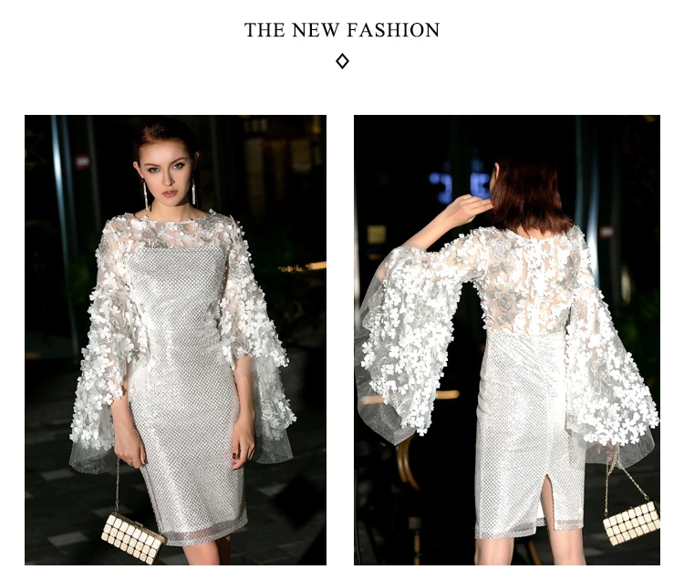 BGW Белое Мини-коктейльное платье с блестками, длинные рукава с аппликацией, круглый вырез, молния на спине, платье для коктейля