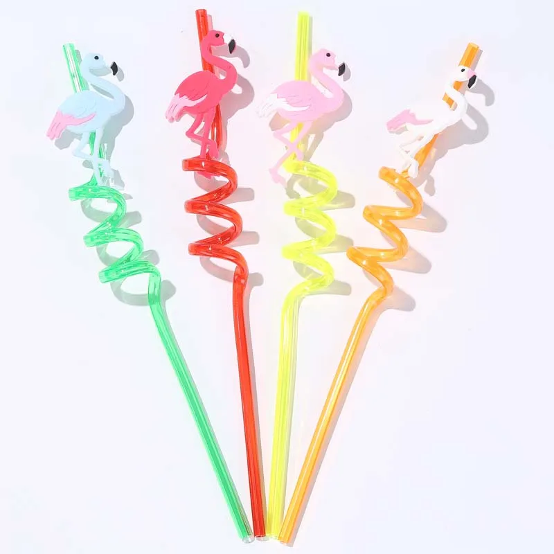 Flamingo 4PCS Cartoon Unicorn Mermaid Flamingo Straw Smoothie Drinking Plastic Straws For Milkshakes Ice Drinks Kids fruit Party Supplies - Цвет: Flamingo
